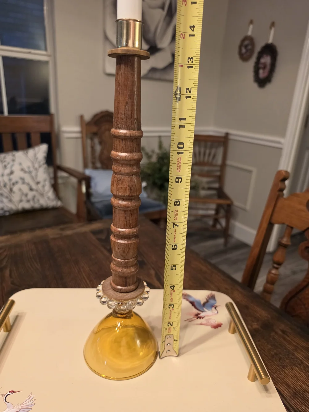 Vintage turned wood taper candlestick holder Colorful amber glass base